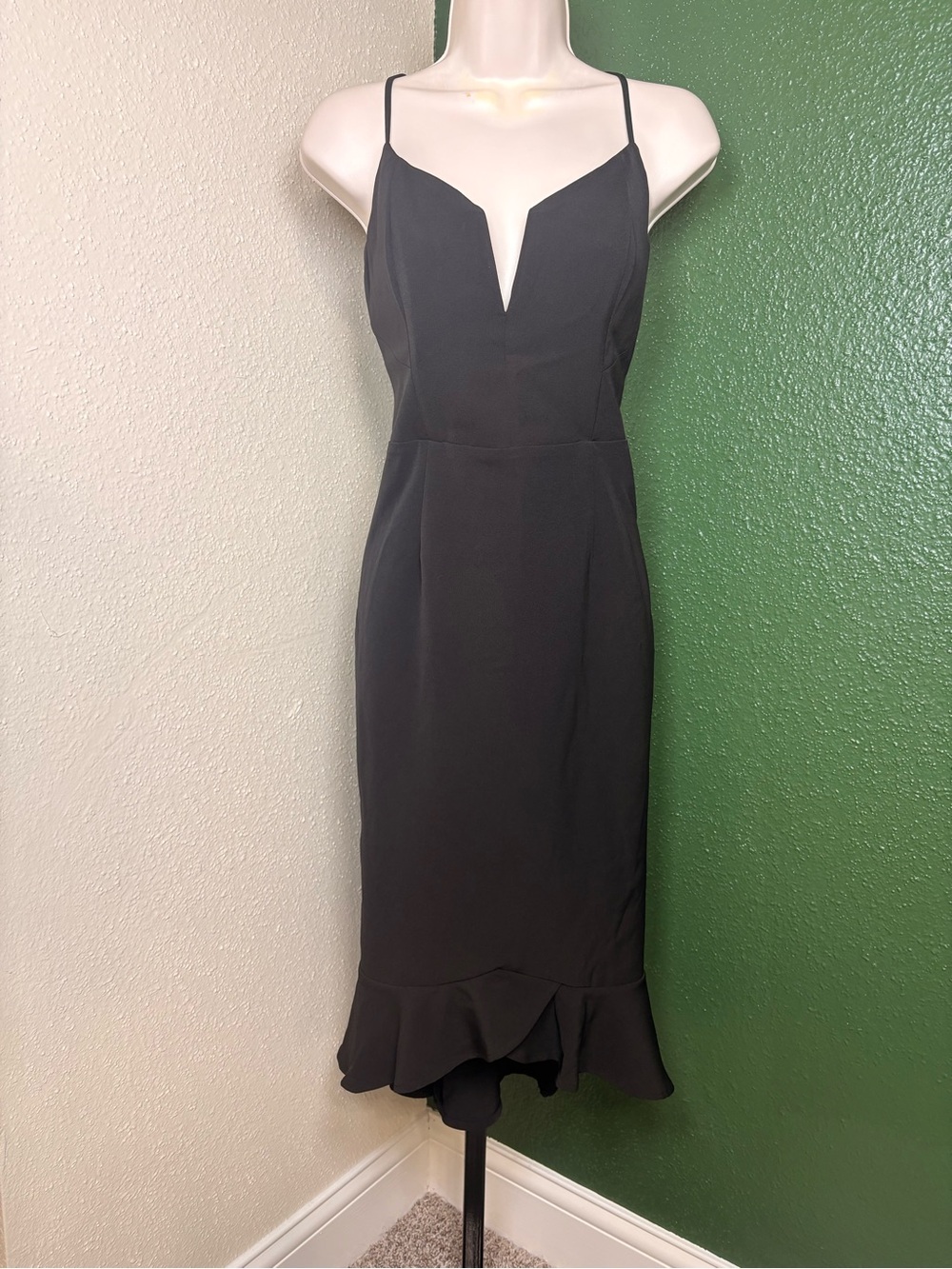 Bardot Black Spaghetti-Strap V-Plunge Midi Dress with Ruffle Hem